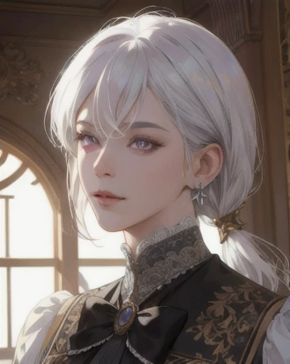 woman, straight white hair, shoulder-length hair, purple eyes, side-swept bangs, mature, mischievous, focused, god eyes, diamond earrings, black bow, white blouse, white laboratory coat, monocle, detailed realistic portrait, photorealistic, hyperrealistic, 8k, detailed clothing, beautiful detailed eyes, beautiful detailed lips, extremely detailed face, cinematic lighting, dramatic shadows, warm color tones, natural lighting, highly detailed, intricate ornate details, masterpiece, artstation, sharp focus, hyper detailed, victorian era