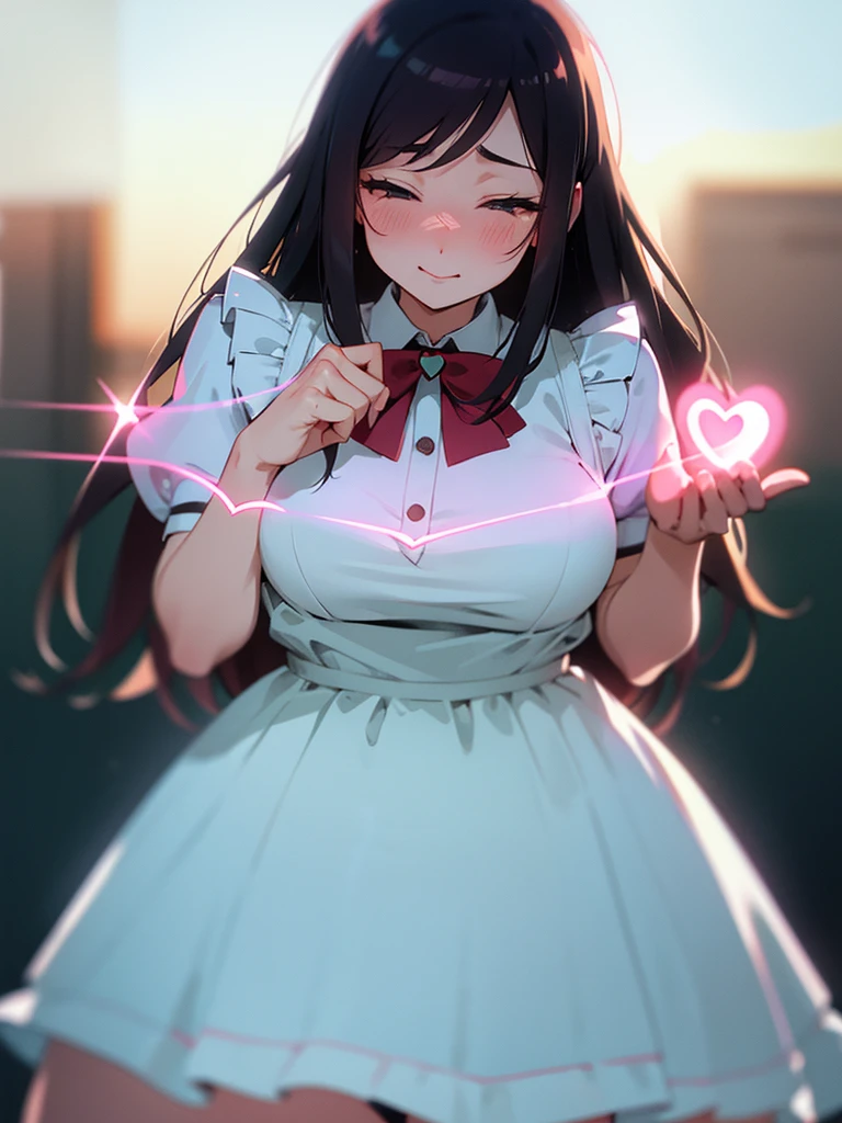 (Sumilux f1.4 50mm , low Latitude old color negative film , cross process , bokeh, flare, chromatic aberration , soft focus, (Shallow focus) , soft glow , Maximum aperture, low Key , Transparent depiction) , kawaii hentai anime style , coquettish , Clumsy Cafe clerk BBW , Blouse with buttons popping off, apron, skirt , heart is beating fast with anticipation , showing off the pee , perineum , Heart-shaped mosaic