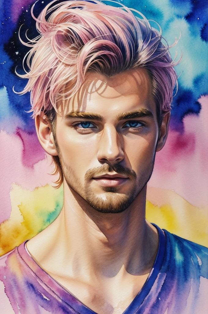 (8k, Best Quality, masterpiece:1.2),(Best Quality:1.0), (ultra high resolution:1.0), watercolor, a beautiful man, Half-length portrait, extremely bright shiny design, pastel colours, (ink:1.3), autumn lights,