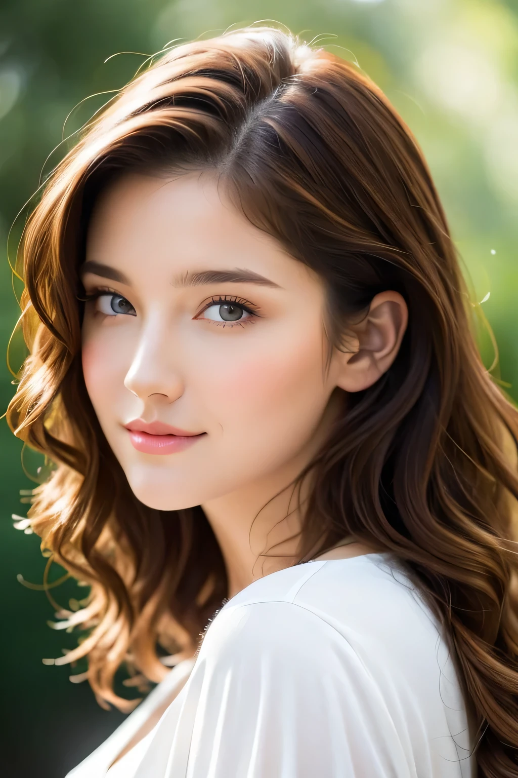 A German girl, 18 years old, poses waist-up in an ultra-realistic digital art piece by Razumov and Volegov. She gazes off-camera with a soft, natural light illuminating her rosy cheeks and v-shaped face. Her smooth skin is adorned with long, ginger hair styled in a bang, framing her detailed features. The focus is on her fantastic face, showcasing her bright smile and sparkling eyes. The background is a subtle watercolor blend, reminiscent of Cameron Gray's art style. The image is rendered at 8k resolution, blending the boundaries between digital and traditional mediums.