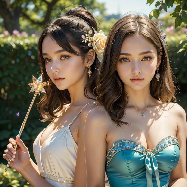 (masterpiece, best quality:1.5), highest quality, High resolution, super detailed, Realists, Upper body photo of a brunette 14 year old magical girl, detailed and beautiful eyes, beautiful detailed lips, very detailed eyes and face, longeyelashes, shiny satin dress, Holding a wand in your hand and performing a transformation spell, Magic wands present and shiny, Beautiful and colorful makeup, elegant and noble々The jewelry bag, Gardens as background, soft daylight, bright colors, fine brushstrokes, Portrait style, Silk dress fabric, beautiful color palette, glowing skin, First-class rendering, that captures every detail, enchanting atmosphere, subtle shadows and lights, (perfect anatomy:1.2), (The two stunning 14 and 12 year old magic girls transform flowers into jewelry (a transformation with the magic wand:1.4), (magnificent panorama view:1.2)