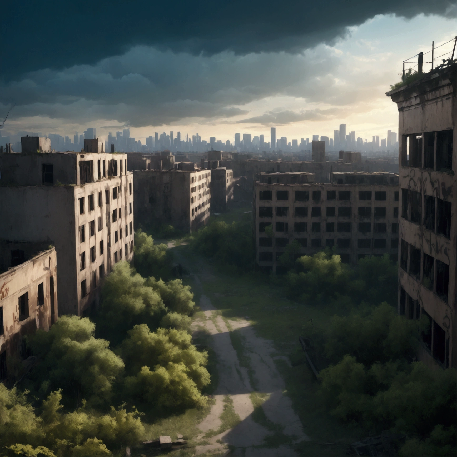 Abandoned city night view, gloomy atmosphere, day view, abandoned buildings, dilapidated streets, faded graffiti, overgrown vegetation, post-apocalyptic color palette, dramatic contrast, intense shading, clouds under blue sky, surreal atmosphere, dystopian background, felt, sky, highest quality, 4k, 8k, high resolution, masterpiece: 1.2, ultra-detailed, realistic: 1.37,