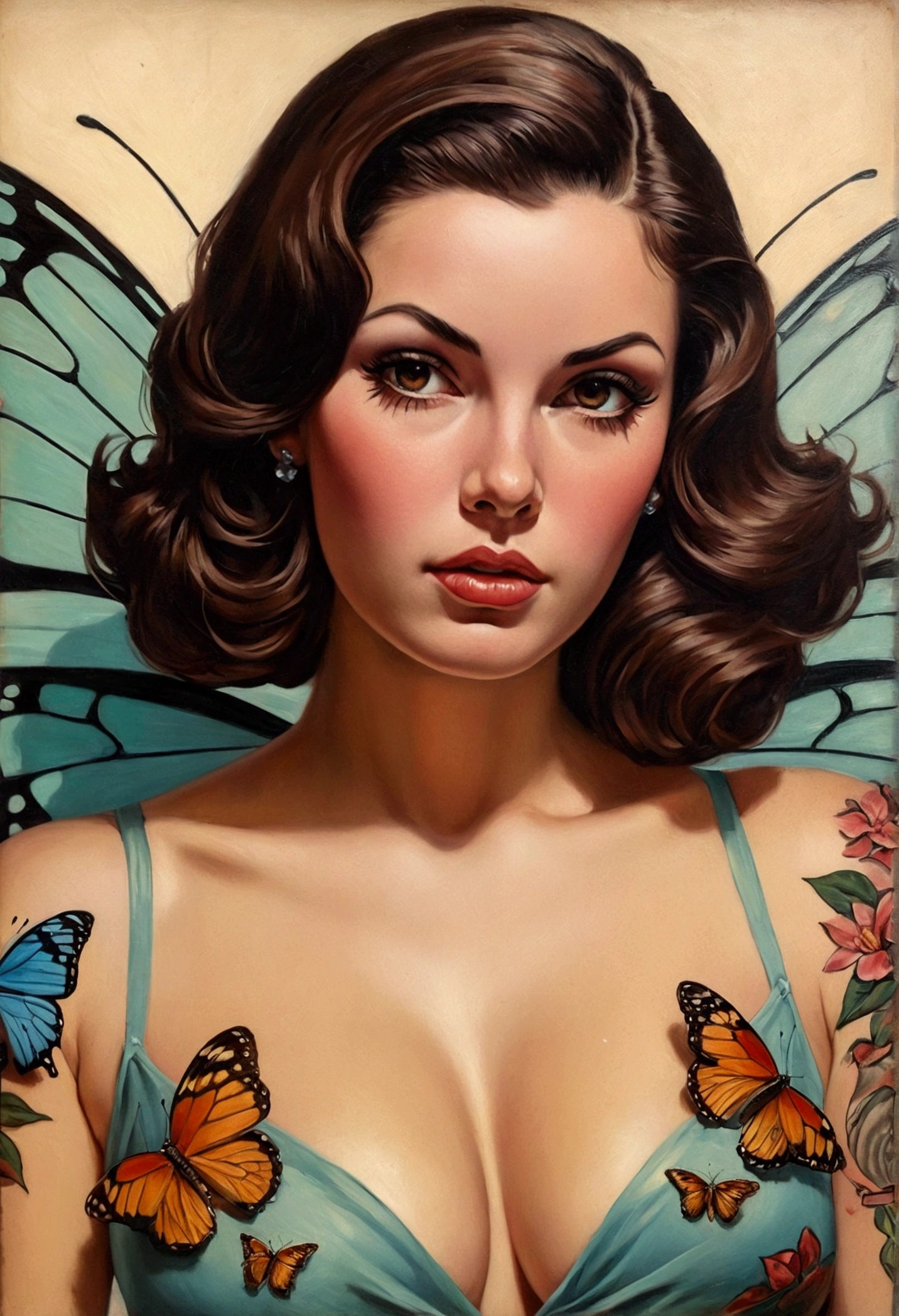 brunette woman, tatoos,  medium brown hair, chunky, sexly, dark  brown hair, big boobies, butterfly tattoos, oil portrait, mil painting, 1950, tatoos, vintage, vhs, vintage painting, pulp scifi art,  retro pulp art, 1960 s, Arte Pulp Vintage |, beautiful painting with highly detailed face by Gil Evergren , pure and innocent expression, natural reflection textures, cinematic lighting