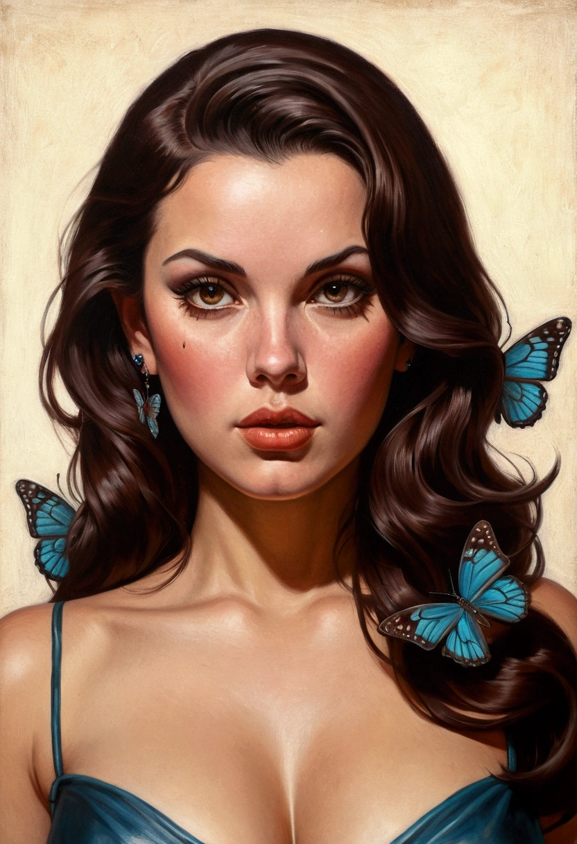 brunette woman, tatoos,  medium brown hair, chunky, sexly, dark  brown hair, big boobies, butterfly tattoos, oil portrait, mil painting, 1950, tatoos, vintage, vhs, vintage painting, pulp scifi art,  retro pulp art, 1960 s, Arte Pulp Vintage |, beautiful painting with highly detailed face by Gil Evergren , pure and innocent expression, natural reflection textures, cinematic lighting