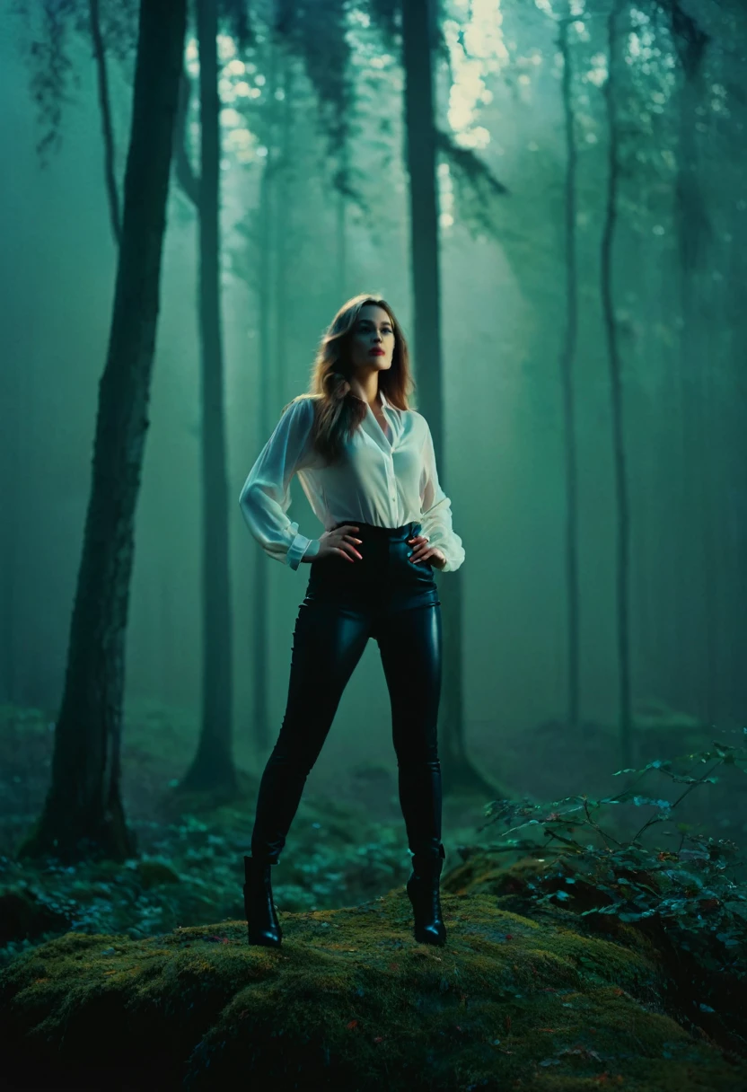 professional photograph of a female vogue model 35yo with pale skin, beautiful evil slavic muscular woman, long hair, (Enchanted Forest by Eyvind Earle:1.1), outdoors., wide expanse of heavenly beauty, beautiful place., full length, perfect female anatomy, in [incredible | unthinkable | magical] place, ((foggy:0.95).), Experimentation with light and shadow, she is majestically arrogant and contemptuous of those around her., The image shows a full-length (wide-angle shot:1.13) of 27 y.o beautiful woman in high heels, ([white | blue] (shirt:1.2), full sleeves, (pants:1.2):0.85), exudes confidence and attractiveness, (mini galaxies and stars swirling inside, colorful rainbow steam:0.7), soft natural volumetric cinematic perfect light, (high contrast:1.1), warm lighting, absolute sharpness,  [vintage | 80s Colors:0.7]., (beautiful glowing:0.7), highly detailed,24mm photograph, film, bokeh, professional, 4k,