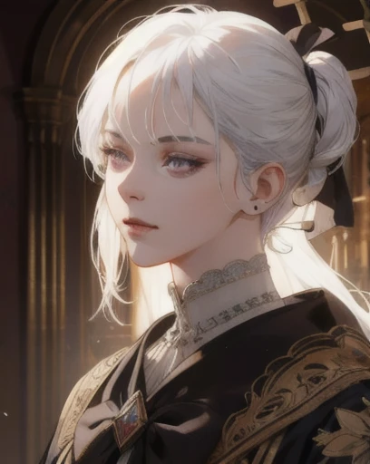 woman, straight white hair, shoulder-length hair, purple eyes, side-swept bangs, mature, mischievous, angry, god eyes, diamond earrings, black bow, white blouse, white laboratory coat, monocle, detailed realistic portrait, photorealistic, hyperrealistic, 8k, detailed clothing, beautiful detailed eyes, beautiful detailed lips, extremely detailed face, cinematic lighting, dramatic shadows, warm color tones, natural lighting, highly detailed, intricate ornate details, masterpiece, artstation, sharp focus, hyper detailed, victorian era