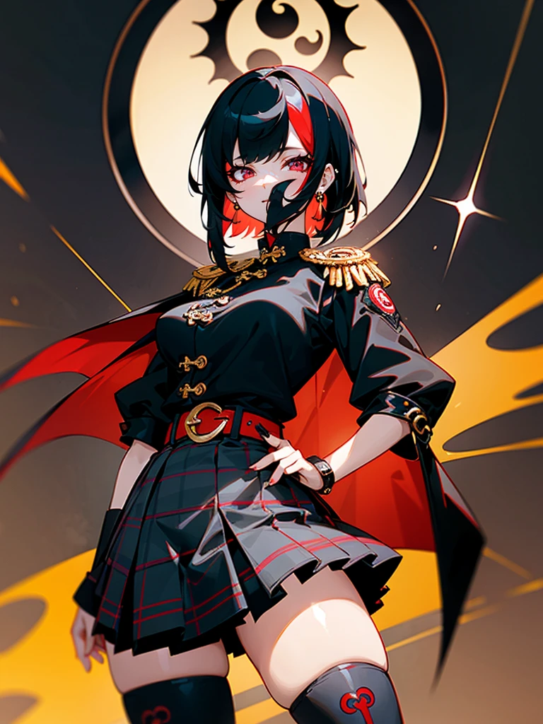 solo, jirai kei, harajuku, electric guitar, punk fashion, Temple of Darkness, yin yang, dark persona, pillars of red fire, Cheongsam, stand-up collar, master piece, best quality, 1 woman, mitake ran feng shui, octagonal yin yang mirror, tassels, gold decoration, earrings, chains, black hair, short hair, military jacket, hand on own hip, short skirt, pearl earrings, , evil smile, evil eyes, knee-high boots, voluptuous bust, large ass, ,tartan check skirt, red skirt, dark coat, two tone color hair, cape, epaulettes, abyss,, chain, belt, nipple piercing, glowing tattoo, public tattoo,