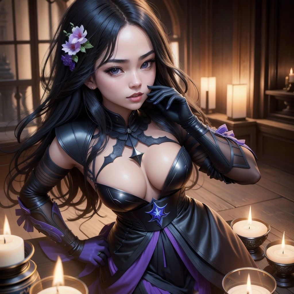 Raiden from genshin impact, castle in the background, ((Best quality)), ((masterpiece)), (detailed), ((perfect face)), ((halfbody)) perfect proporcions, sologirl, 1girl, she is a cute god, 18 years old, long black hair, she is naked, there is a background of a gothic room with lit candles, he has an erect penis, she is sexy ((perfect face)), 