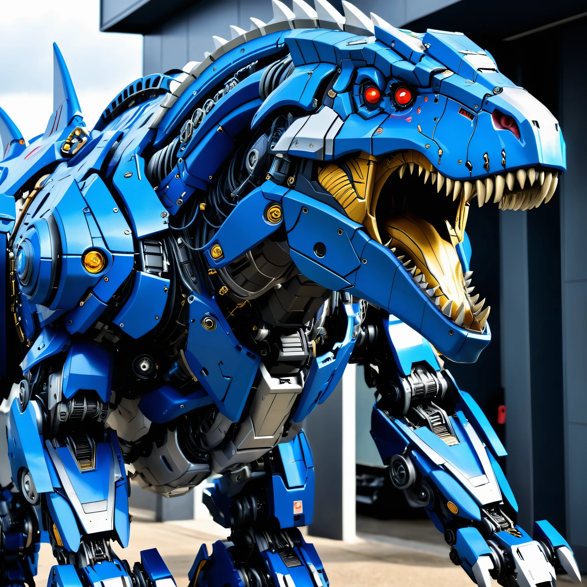 A full_body close-up of a cyberpunk wind mechanical mecha Tyrannosaurus rex, Mechanical Creature, blue exoskeleton mech, Zoids art, mecha animals, mecha art, well-armored mechasaurus, mecha, cool mecha style, Zoids, Alexander · Ferra mecha, mecha inspiration, mecha, surrealism