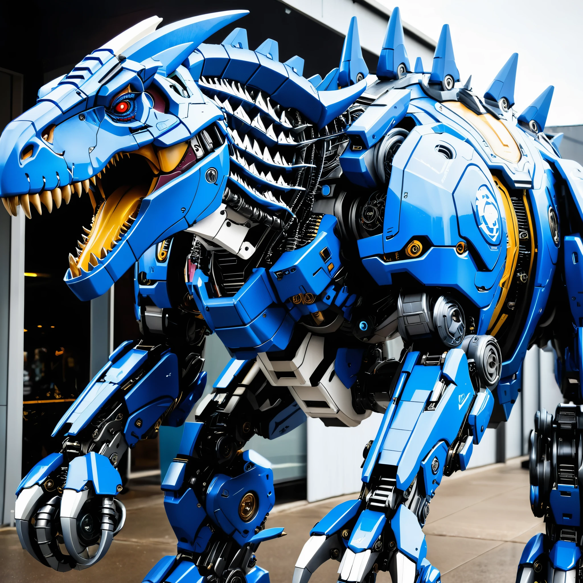 A full_body close-up of a cyberpunk wind mechanical mecha Tyrannosaurus rex, Mechanical Creature, blue exoskeleton mech, Zoids art, mecha animals, mecha art, well-armored mechasaurus, mecha, cool mecha style, Zoids, Alexander · Ferra mecha, mecha inspiration, mecha, surrealism