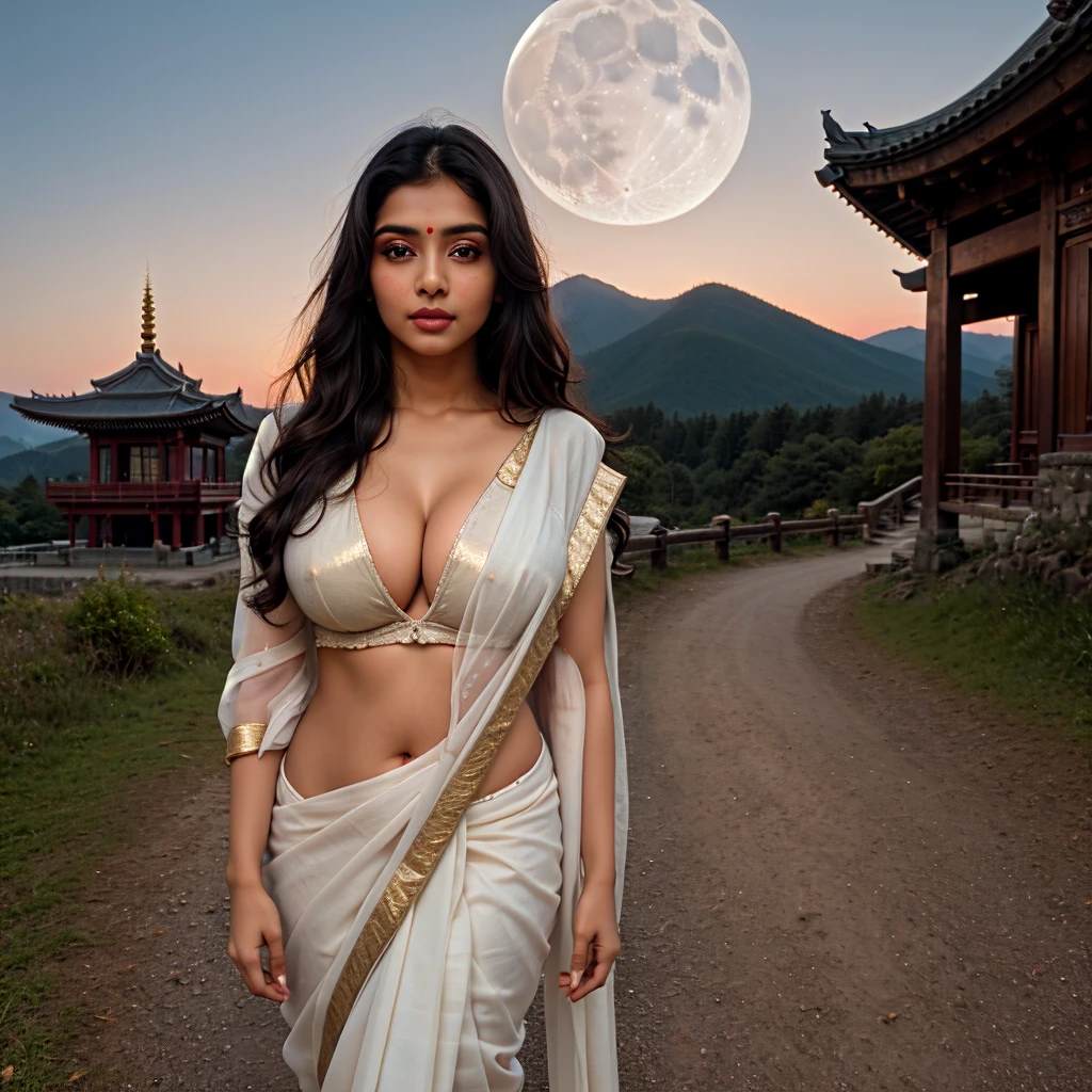 Beautiful indian woman posing, straight photoshoot pose, full body portrait, moonlit night, night time, winter, walking on forest path, detailed face, cute, big eyes, iconic, photorealistic, mountain temple, detailed background, big breasts, sexy thin saree, long wavy hair, cleavage, symmetric face, masterpiece, 8k, ultra realistic
