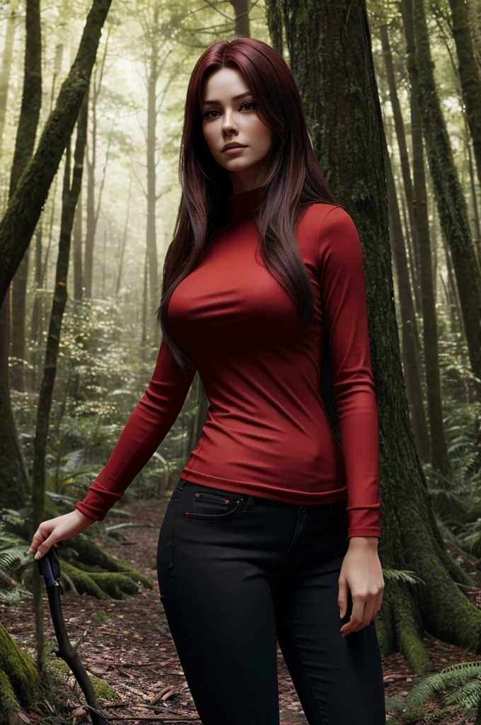 create an image of a woman in forest, wearing red  to and black jeans, sexy, the forest should look very realistic, the woman should look like a hunter, 4k digital, slightly anime style