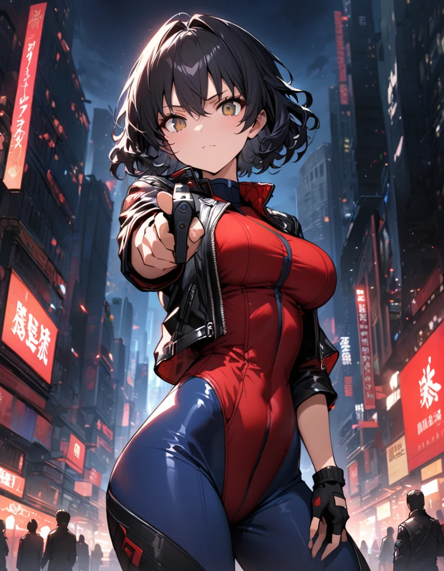 best quality, masterpiece, highres, 1girl, EPngeKatsuragiMisato, (solo, solo focus), (blue bodysuit, red bodice, black boots), pointing pistol at viewer, desert eagle, (black leather jacket), fingerless gloves, black hair, short hair, wavy hair, hazel eyes, beautiful detailed eyes, beautiful detailed face, (perfect hands), perfect anatomy, perfect proportions, medium breasts, city street backdrop, night noir atmosphere