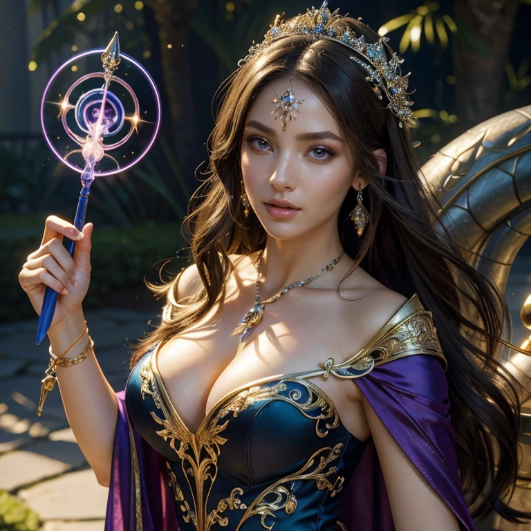(masterpiece, best quality:1.5), highest quality, High resolution, super detailed, Realists, Upper body photo of a brunette sorceress, detailed and beautiful eyes, beautiful detailed lips, very detailed eyes and face, longeyelashes, shiny satin dress, Holding a wand in your hand and performing a transformation spell, Magic wands present and shiny, Beautiful and colorful makeup, elegant and noble々The jewelry bag, Gardens as background, soft daylight, bright colors, fine brushstrokes, Portrait style, Silk dress fabric, beautiful color palette, glowing skin, First-class rendering, that captures every detail, enchanting atmosphere, subtle shadows and lights, (perfect anatomy:1.2), (The stunning sorceress transforms a snake (a transformation with the magic wand:1.4), (magnificent panorama view:1.2)