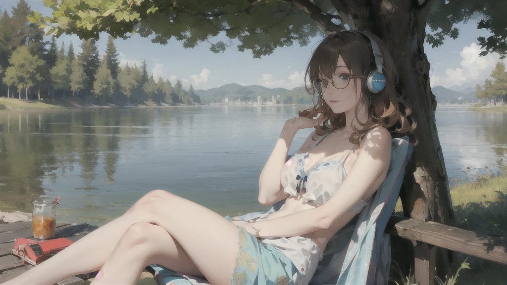 A young woman with fair white skin, freckled light blue eyes, and long chestnut curly hair. The woman is dressed in a bohemian style and wears large round glasses. This woman is leaning against a tree by the lake; She is listening to music with a book in her hand and headphones in her ears. ( Bohemian and mystical ) --- (((LONG SHOT)))) --- (Soft, relax, peaceful and content) --- (((MANGA)))