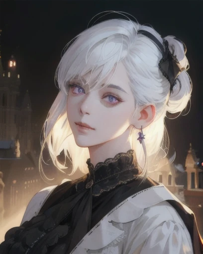 woman, straight white hair, shoulder-length hair, purple eyes, side-swept bangs, mature, dazed, dizzy, god eyes, earrings, black bow, white blouse, white laboratory coat, monocle, detailed realistic portrait, photorealistic, hyperrealistic, 8k, detailed clothing, beautiful detailed eyes, beautiful detailed lips, extremely detailed face, cinematic lighting, dramatic shadows, warm color tones, natural lighting, highly detailed, intricate ornate details, masterpiece, artstation, sharp focus, hyper detailed, victorian era