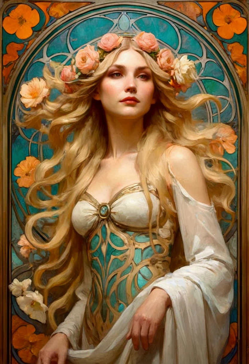 ALAFAD WOMAN，with long blond hair，wearing a flower crown, Surrealism Art Nouveau, fly style 4k, Artem and Alphonse Mucha, Lots of Artgerm, art nouveau portrait, Craig Mullins Alphonse Mucha, Alphonse Mucha style, Alphonse Mucha Magali Villeneuve, Elegant Art Nouveau, Beeple and Alphonse Mucha