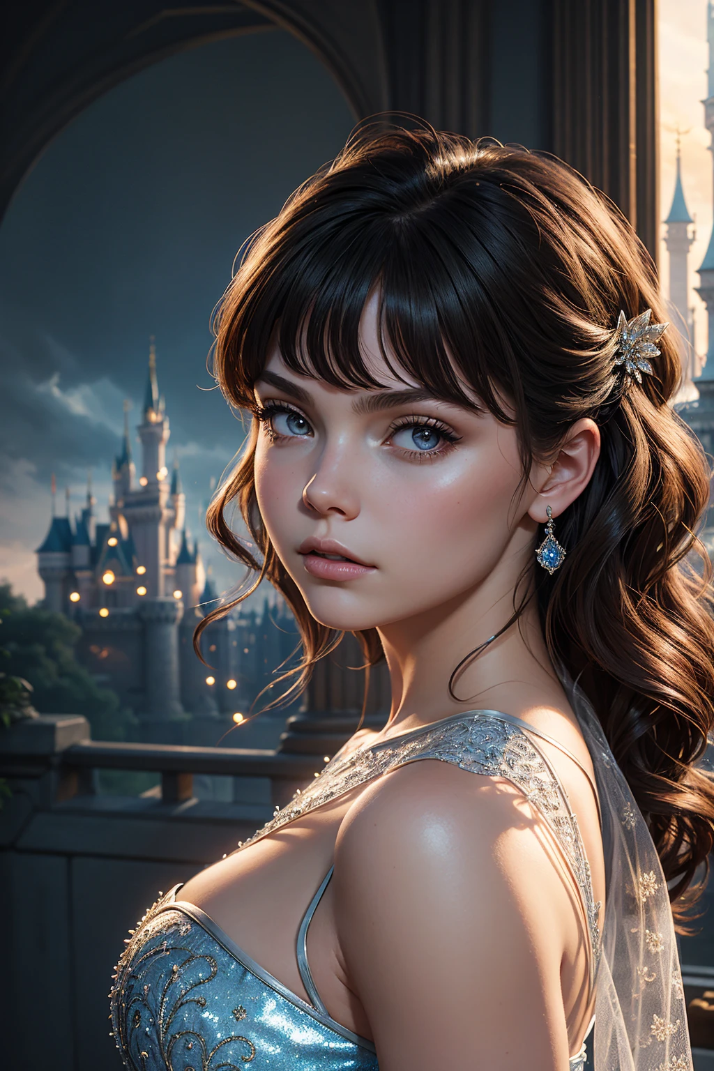 portrait Camren Bicondova, wearing Cinderella costume, against the background of the Disney castle, character portrait, 3 9 9 0 s, wavy hair, intricate, elegant, highly detailed, digital painting, artstation, concept art, smooth, sharp focus, illustration, art by wlop, charlie bowater and alexandra fomina, 36k, glittering, shining, correct anatomy