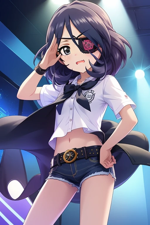 Hayasaka Mirei,purple hair,multicolored hair,fang,brown eyes,short hair,eyepatch,white shirt,tummy ache,belt,Denim shorts,shorts rolled,
