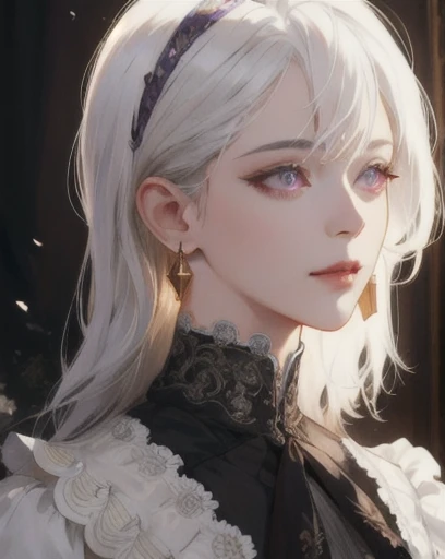 woman, straight white hair, shoulder-length hair, purple eyes, side-swept bangs, mature, crazy, god eyes, earrings, black bow, white blouse, white laboratory coat, monocle, detailed realistic portrait, photorealistic, hyperrealistic, 8k, detailed clothing, beautiful detailed eyes, beautiful detailed lips, extremely detailed face, cinematic lighting, dramatic shadows, warm color tones, natural lighting, highly detailed, intricate ornate details, masterpiece, artstation, sharp focus, hyper detailed, victorian era