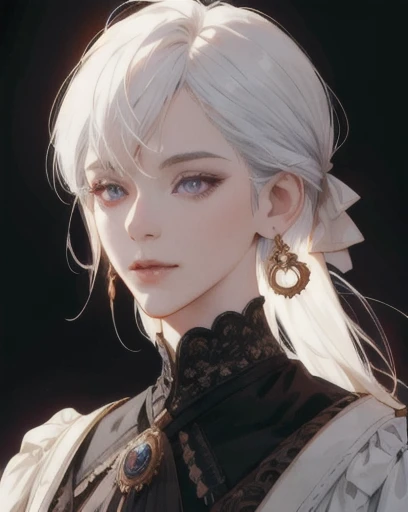 woman, straight white hair, shoulder-length hair, purple eyes, side-swept bangs, mature, crazy, god eyes, earrings, black bow, white blouse, white laboratory coat, monocle, detailed realistic portrait, photorealistic, hyperrealistic, 8k, detailed clothing, beautiful detailed eyes, beautiful detailed lips, extremely detailed face, cinematic lighting, dramatic shadows, warm color tones, natural lighting, highly detailed, intricate ornate details, masterpiece, artstation, sharp focus, hyper detailed, victorian era
