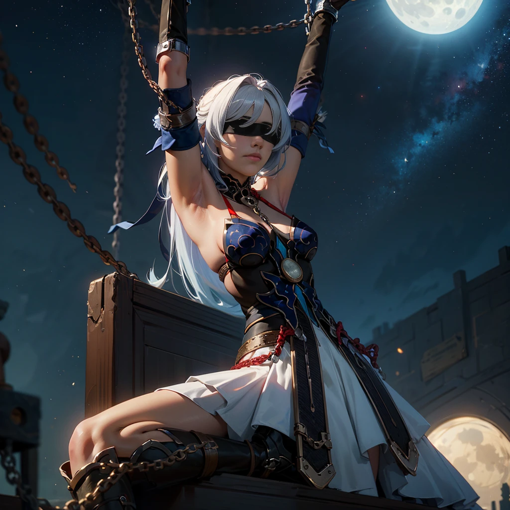 masterpiece, best quality, JingliuV5, 1girl, solo, gloves, gloves, dress, bare shoulders, closed mouth, boots, sky, black gloves, black footwear, blindfold, night sky, full moon, elbow gloves, armpits, arms up, ((chain, bound, restrained:1.3)), sitting, wariza, night, starry sky, sky, cowboy shot, view from below, far shot