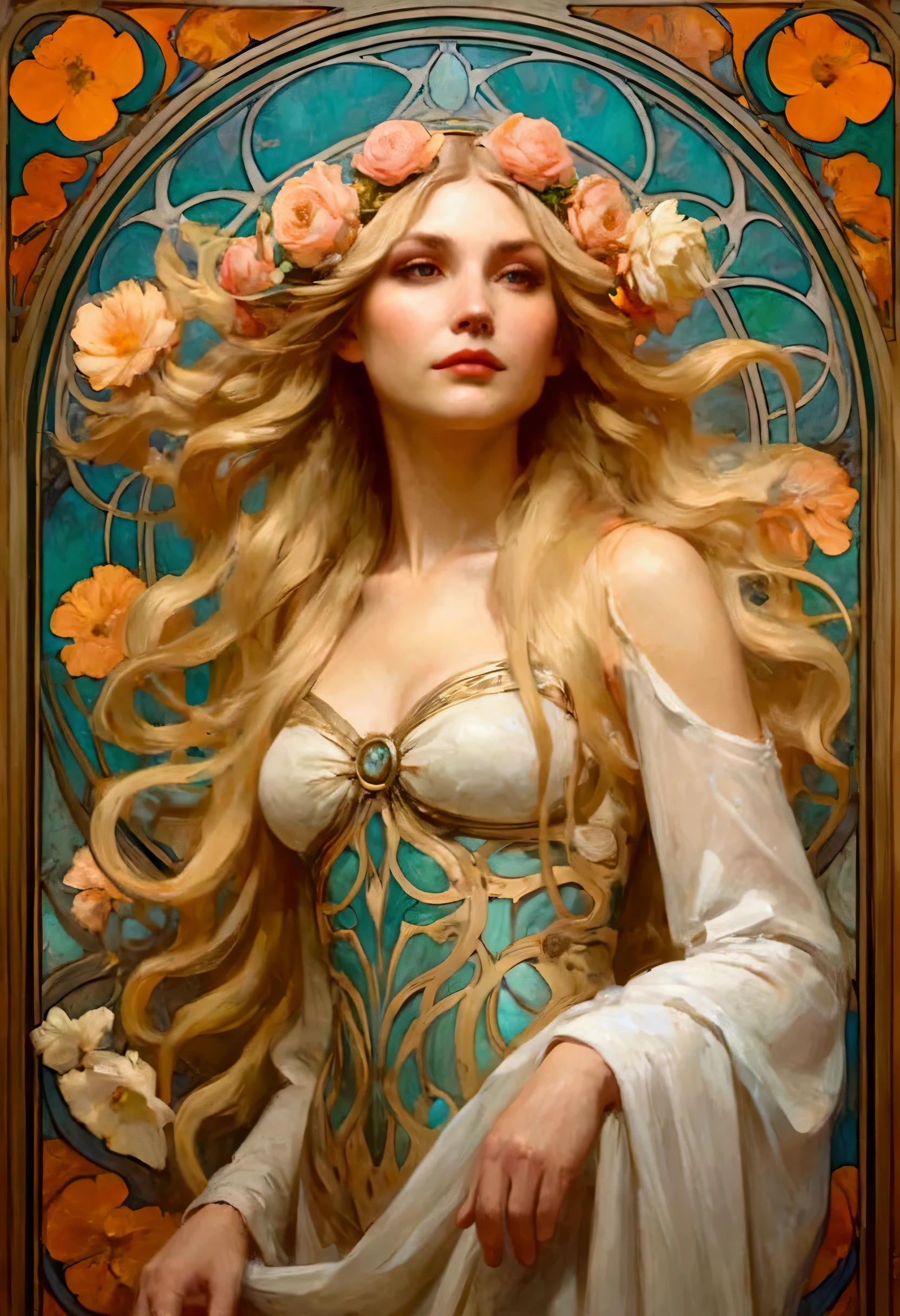 ALAFAD WOMAN，with long blond hair，wearing a flower crown, Surrealism Art Nouveau, fly style 4k, Artem and Alphonse Mucha, Lots of Artgerm, art nouveau portrait, Craig Mullins Alphonse Mucha, Alphonse Mucha style, Alphonse Mucha Magali Villeneuve, Elegant Art Nouveau, Beeple and Alphonse Mucha