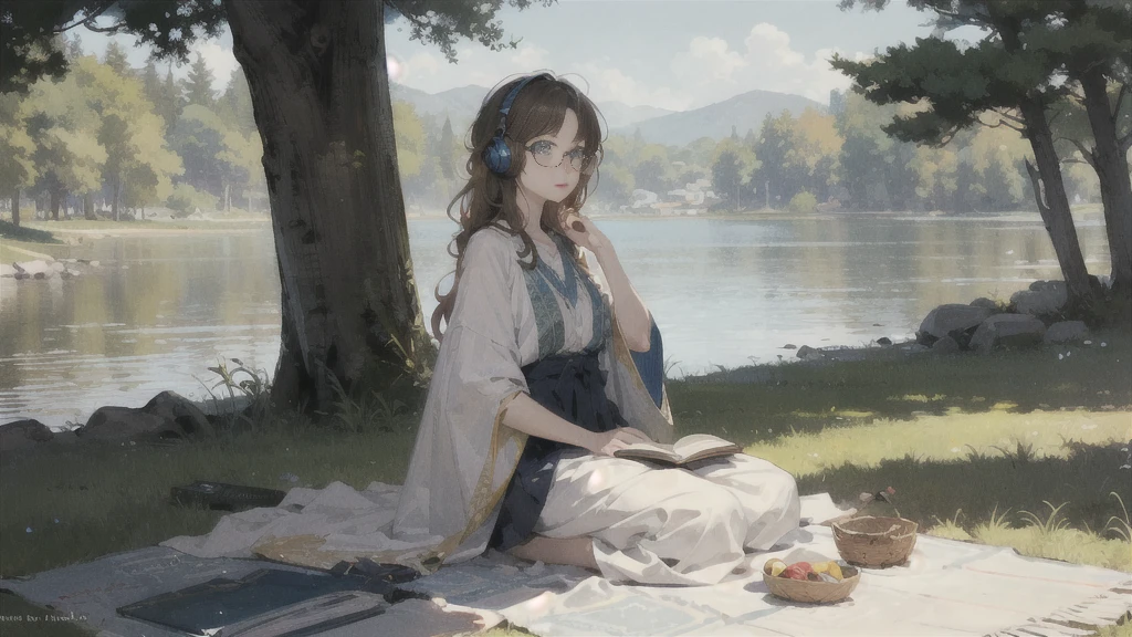 A young woman with fair white skin, freckled light blue eyes, and long chestnut curly hair. The woman is dressed in a bohemian style and wears large round glasses. This woman is leaning against a tree by the lake; She is listening to music with a book in her hand and headphones in her ears. ( Bohemian and mystical ) --- (((LONG SHOT)))) --- (Soft, relax, peaceful and content) --- (((MANGA)))