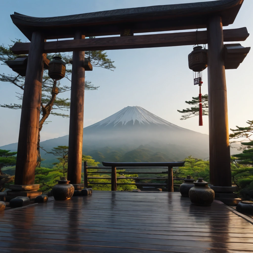 A morning in another world where gods dwell, mysterious, calm feeling, good morning, ancient Japan, emerging from the darkness, live action, I wish world peace. ((Highest quality, 8K, Masterpiece: 1.3))
