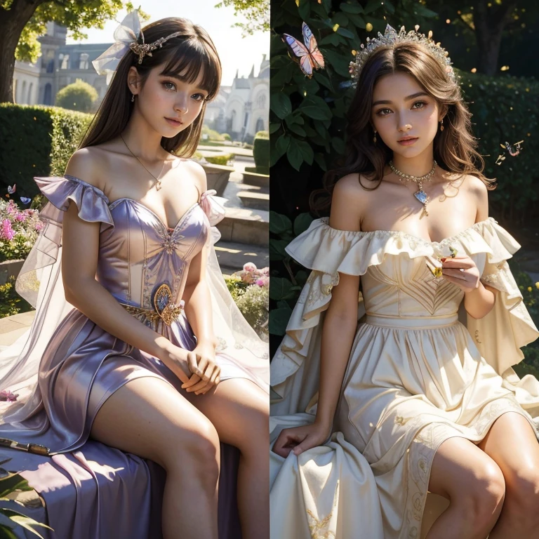 (​masterpiece, best quality:1.5), highest quality, High resolution, super detailed, Realists, Upper body photo of a brunette  magical girl, detailed and beautiful eyes, beautiful detailed lips, very detailed eyes and face, longeyelashes, shiny satin dress, Holding a wand in your hand and performing a transformation spell, Magic wands present and shiny, Beautiful and colorful makeup, elegant and noble々The jewelry bag, Gardens as background, soft daylight, bright colors, fine brushstrokes, Portrait style, Silk dress fabric, beautiful color palette, glowing skin, First-class rendering, that captures every detail, enchanting atmosphere, subtle shadows and lights, (perfect anatomy:1.2), (The two stunning 14 and 12 year olds transform butterflies into jewela transformation with the magic wand:1.4), (magnificent panorama view:1.2)