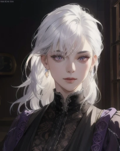 a determined victorian era female merchant in her late 20's, straight white hair, striking purple eyes, side-swept bangs, long black gloves, detailed realistic portrait, photorealistic, hyperrealistic, 8k, detailed clothing, beautiful detailed eyes, beautiful detailed lips, extremely detailed face, intricate ornate details, cinematic lighting, dramatic shadows, warm color tones, natural lighting, highly detailed, masterpiece, artstation, sharp focus, hyper detailed, full body