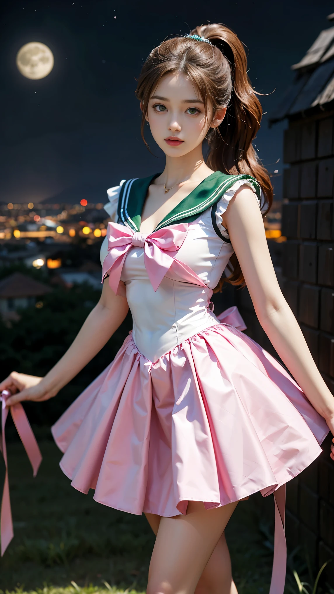 A beautiful young woman，Has long brown hair，Wearing a ponytail, Green Eyes, Height 170cm, Sailor Moon Under the Moon, Sailor Jupiter, 가슴 쪽 Pink Ribbon, Pink Ribbon, All ribbons are pink, You can see the scenery from a high place, Height 172, you have a beautiful figure., I also like to exercise, 