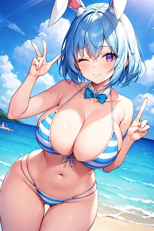 1girl, rabbit ears, light blue hair, very short hair, one eye closed, purple eyes, large breasts, thick thighs, white bikini, beach, blue stripes, ((blue stripes)), striped bikini, blue hair, smile, animal ear fluff, hourglass figure,, bare legs, v, double v, peace sign, 