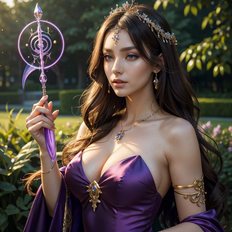 (​masterpiece, best quality:1.5), highest quality, High resolution, super detailed, Realists, Upper body photo of a brunette sorceress, detailed and beautiful eyes, beautiful detailed lips, very detailed eyes and face, longeyelashes, shiny satin dress, Holding a wand in your hand and performing a transformation spell, Magic wands present and shiny, Beautiful and colorful makeup, elegant and noble々The jewelry bag, Gardens as background, soft daylight, bright colors, fine brushstrokes, Portrait style, Silk dress fabric, beautiful color palette, glowing skin, First-class rendering, that captures every detail, enchanting atmosphere, subtle shadows and lights, (perfect anatomy:1.2), (The stunning sorceress turns a snake into a staff (a transformation with the magic wand:1.4), (magnificent panorama view:1.2)