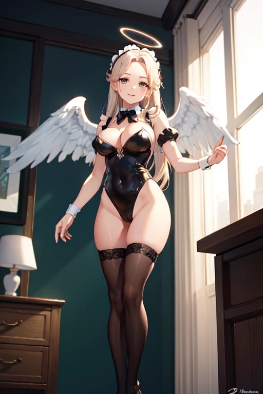highest resolution,8K quality,Beautiful smiling girl in maid leotard,high leg,(((window))),White angel wings on your back.,halo,bedroom,Vista nocturna fuera de la window.,very beautiful eyes,whole body,Forehead,knee high stockings,to drink, big breasts, ((view from below))