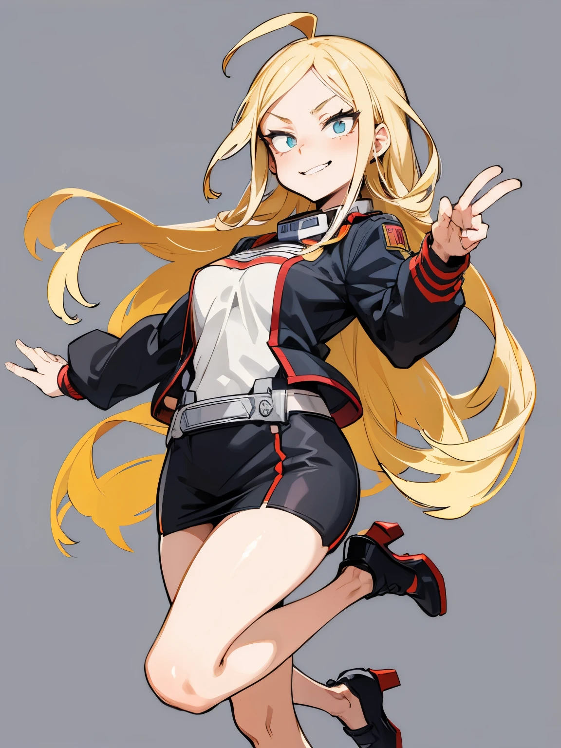 (((My Hero Academia Style))), ((full bodyesbian)), (Simple background), 1woman, ((High resolution)), (simple background), (white backgrounid:1.3),   tall woman with a trim build and hazel eyes, smily face, long hair with a blonde gradient that fades to light, often seen wearing a red short-sleeved shirt, darker red pencil skirt, black belt with a gold-colored buckle, and black high heels, full body.