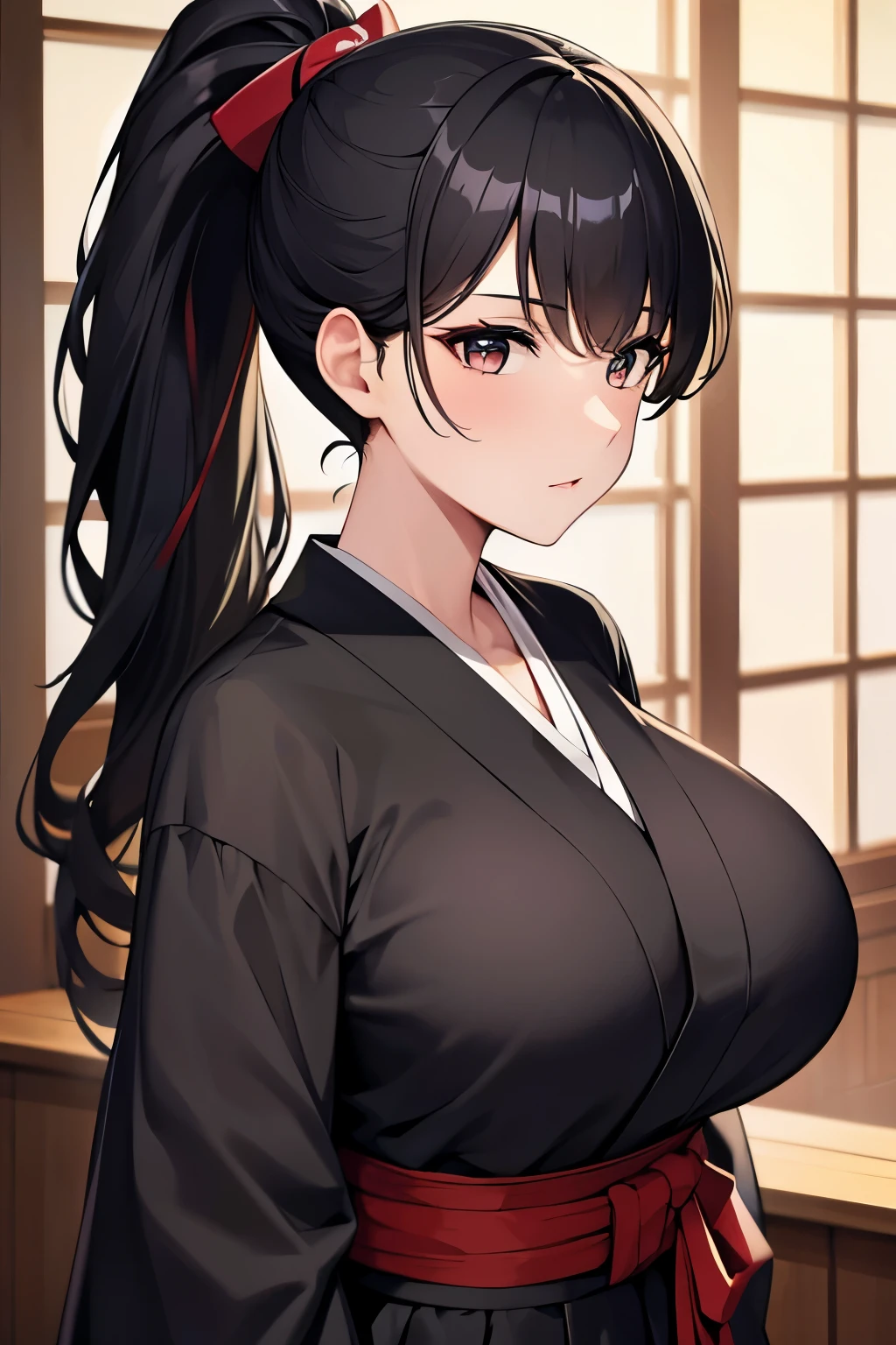 Masterpiece, best quality, beautiful girl, beautiful face, black hair, ponytail, sarashi, , hakama,