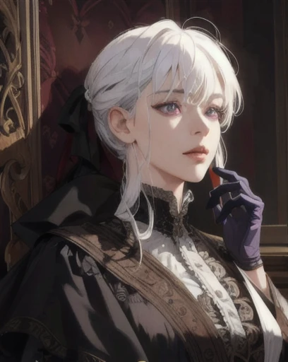 a determined victorian era female merchant in her late 20's is negotiating spice prices, straight white hair, striking purple eyes, side-swept bangs, long black gloves, detailed realistic portrait, photorealistic, hyperrealistic, 8k, detailed clothing, beautiful detailed eyes, beautiful detailed lips, extremely detailed face, intricate ornate details, cinematic lighting, dramatic shadows, warm color tones, natural lighting, highly detailed, masterpiece, artstation, sharp focus, hyper detailed, full body