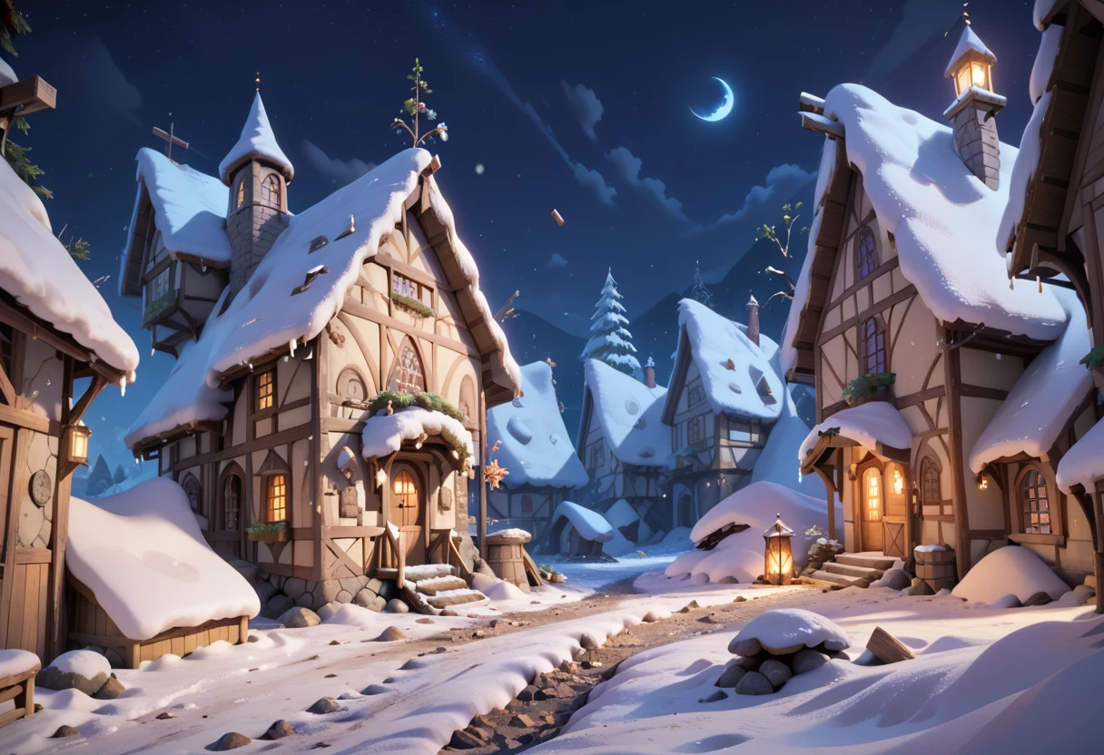1girl, at night, night time, medieval destroyed town, debris, winter, dirty snow, masterpiece quality, ultra HD, 4K, best quality