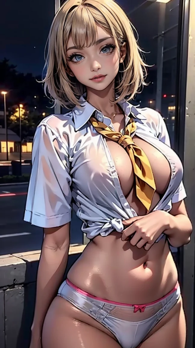 (masterpiece,best quality:1.4),(8k,raw photo,photo realistic:1.2),shiny skin,detailed skin,detailed face,detailed eyes,1girl,Japanese idol,beautiful face,Two peopleの女子高生:1.7,((Two people high school girl:2)),((Two people)),Dynamic Angle, Perfect body, night,Gal, (Anatomically correct), RAW Photos, Realistic, face,Beautiful girls, cute, Written boundary depth, High resolution, Super detailed, detailed, ighly detailedd, Extremely detailed eye and realistic student, pale, Sunburned skin,Two peopleで,woman,(Not wearing ), (Upper body naked:1pread your legs,Small hips, ((Sensual;1.5)), slim,blonde,Platinum Hair,Brown Hair,orange,Wavy Hair,Pixie Cut,Cosplay,building,intersection,stage,Pedestrian bridge,vending machine,night,深night,Blurred Background:1.2,White panties,Pinks,purple pantlTwo people,Two high school girl,Thin legs、Tight waist、Naked and wearing a tie、Gold and line panties、Shallow panties above the crotrise panties、