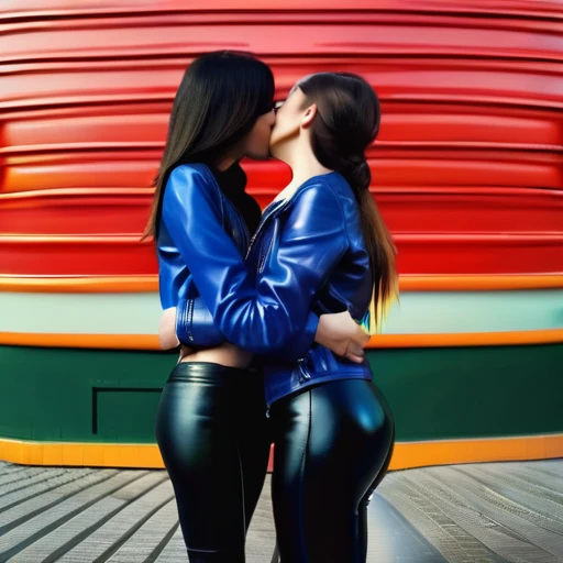 Two sexy lesbians hugging and kissing, in a blue leather jacket, skinny leather pants, Passion, (high quality) 4k