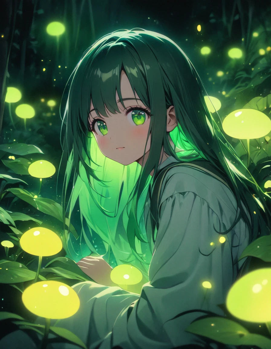 Detailed textures, high quality, high resolution, high accuracy, realism, color correction, correct lighting settings, harmonious composition. A cute green long hair girl in a traditional attire, sitting on the ground surrounded by luminous plants and fireflies, with a background in the style of an anime, full body portrait, dreamy colors, a fantasy world, nightcore, Y2K aesthetic, Fireflies, the light of fireflies, fluorescent lighting, sparkling effects, watercolor, neon light, a dark emerald green color scheme, a soft focus effect, glowing plants, a fantasy forest, a mysterious atmosphere. --ar 3:4 --niji 6