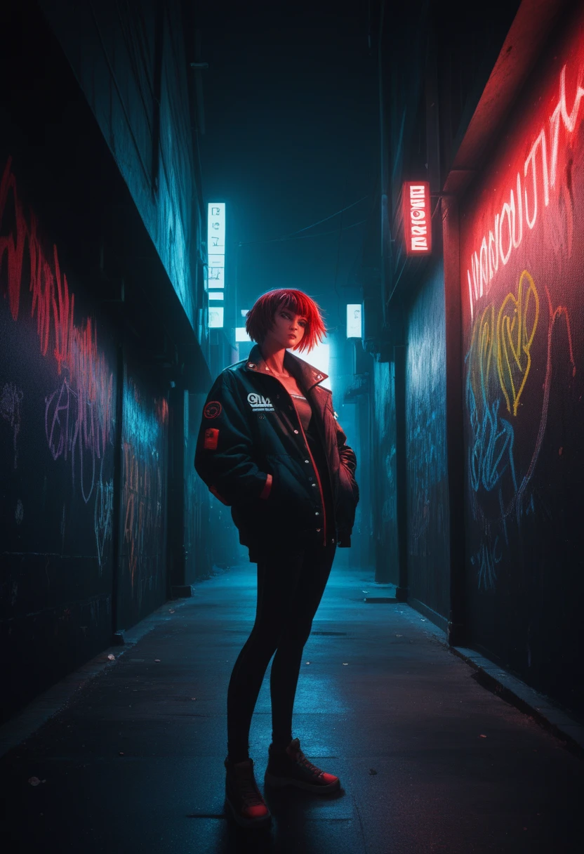A girl with vibrant red hair, full-body portrait, wearing nothing, only a stylish jacket, standing confidently in an urban alleyway, fashionable, trendy, edgy, surrounded by graffiti-covered walls and industrial elements, exuding a cool and rebellious atmosphere, street style photography, dramatic chiaroscuro lighting emphasizing shadows and highlights, high contrast color palette, Nikon D850 capturing every detail, 35mm lens for an environmental portrait, low angle shot
