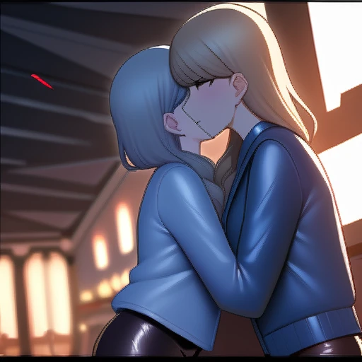 Two sexy lesbians hugging and kissing, in a blue leather jacket, skinny leather pants, Passion, (high quality) 4k