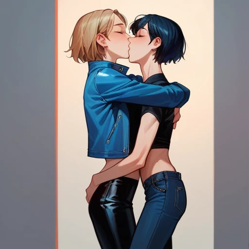 Two sexy lesbians hugging and kissing, in a blue leather jacket, skinny leather pants, Passion, (high quality) 4k