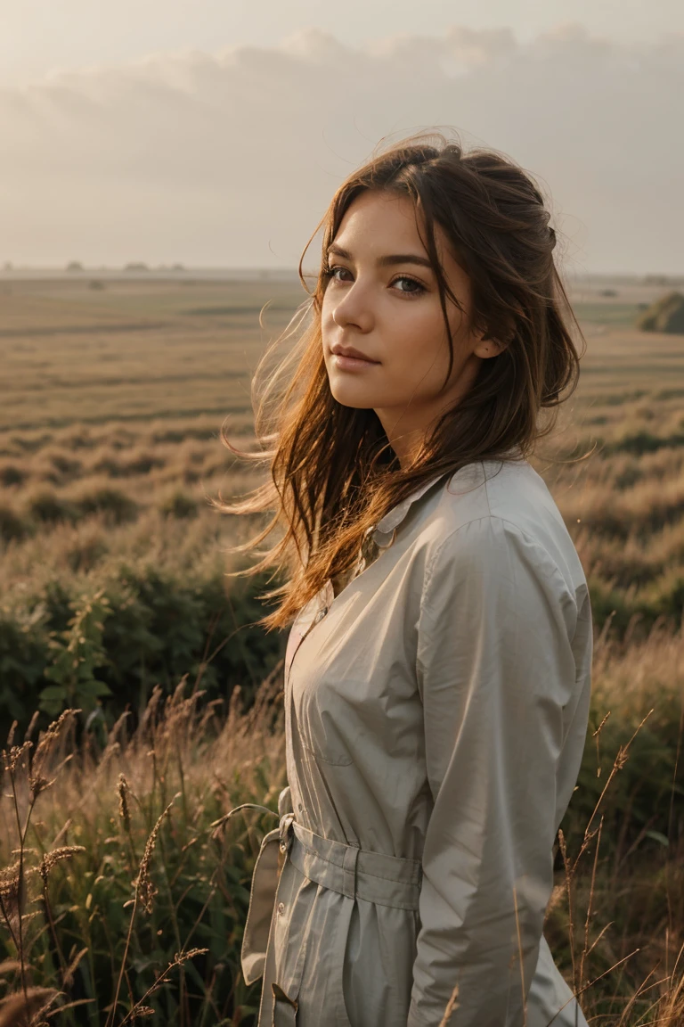 Beautiful woman looking out over open fields, mist, turning to look at camera, hair blowing in wind