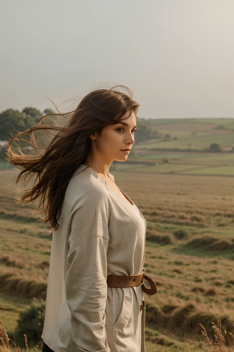 Beautiful woman looking out over open fields, mist, turning to look at camera, hair blowing in wind