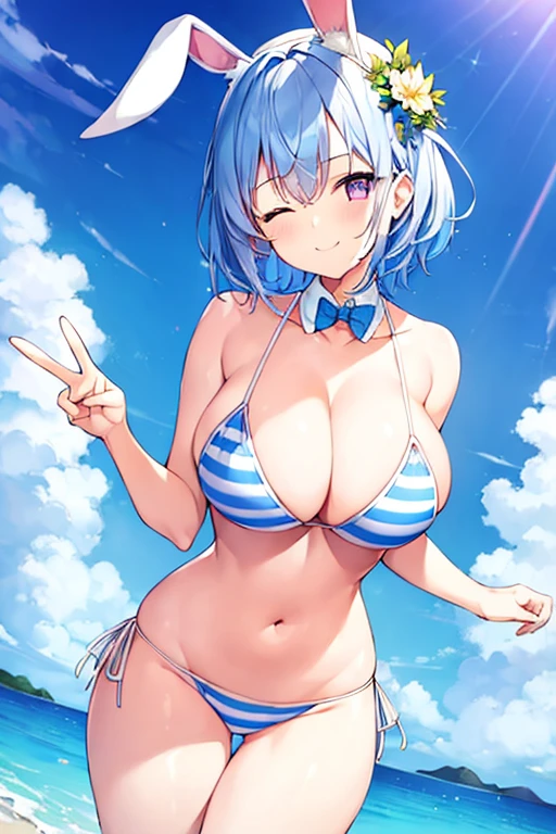 1girl, rabbit ears, light blue hair, very short hair, one eye closed, purple eyes, large , thick thighs, white bikini, beach, blue stripes, ((blue stripes)), striped bikini, blue hair, smile, animal ear fluff, hourglass figure, bare legs, v, double v, peace sign,