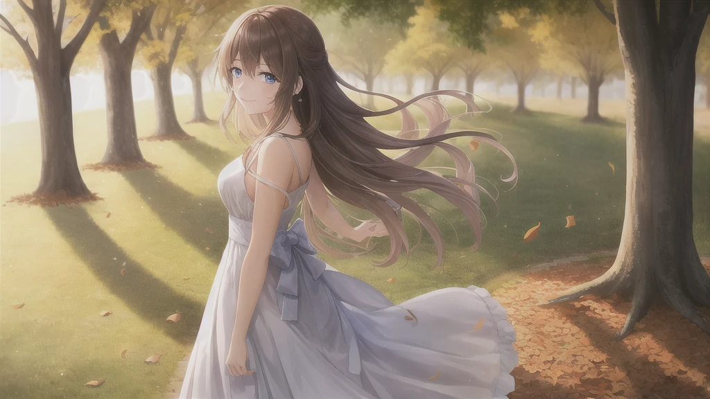 A beautiful young woman standing alone in a serene park at dusk, with a bittersweet smile on her face. Her eyes show a hint of sadness, and tears glisten as they catch the soft light. She is dressed in a flowing dress that moves gently in the evening breeze. In the background, the sun is setting, casting a golden glow over the scene, with leaves falling gently from the trees, symbolizing the passage of time and lost love