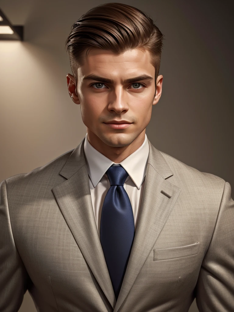 (best quality,highres:1.2),portrait,professional lighting,sharp focus,detailed facial features,confident expression,sophisticated appearance,neutral background,sleek hair style,suit and tie,crisp and clean look.